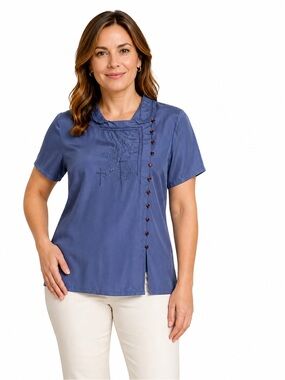 Pierre Rene Vintage 100% Silk Blouse Blue Embroidered Top Size 12